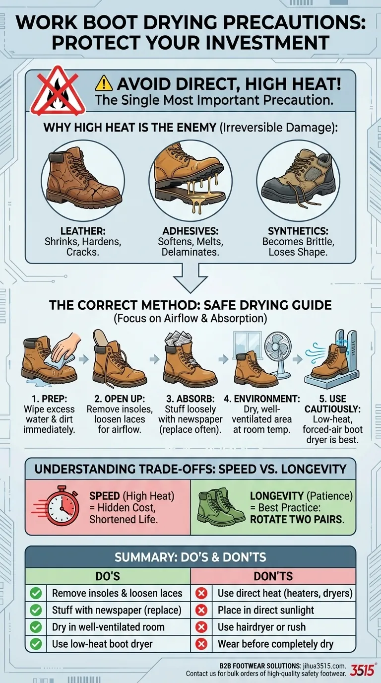 Welche Vorsichtsmaßnahmen sollten beim Trocknen von Arbeitsstiefeln getroffen werden? Vermeiden Sie hohe Hitze, um Ihre Investition zu schützen Visuelle Anleitung