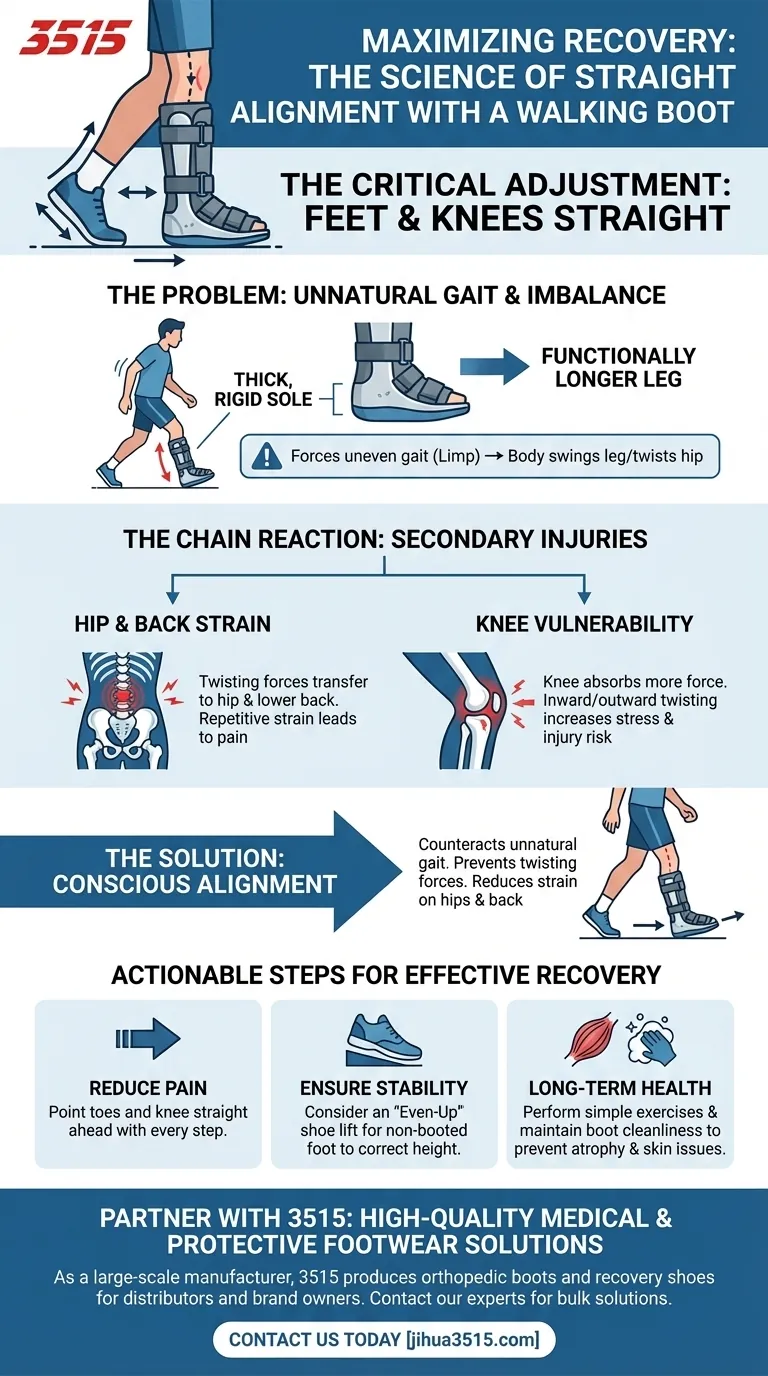 Comment le fait de garder les pieds et les genoux droits peut-il aider lorsque l'on porte une botte de marche ? Prévenir les douleurs de hanche et de dos Guide Visuel