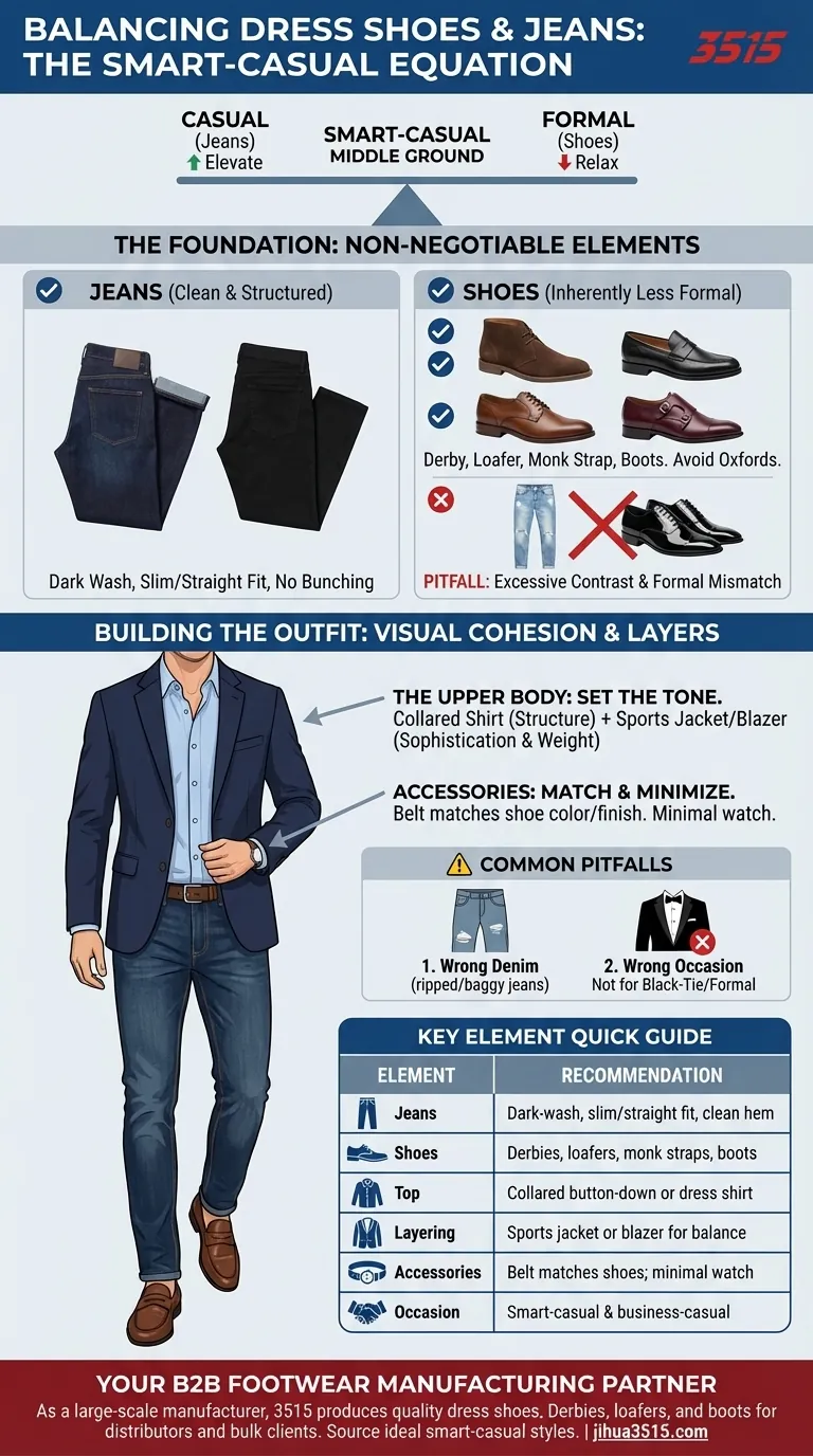 ジーンズに革靴を合わせる際、他の服装の要素をどのようにバランスさせるべきか？スマートカジュアルスタイルをマスターする ビジュアルガイド