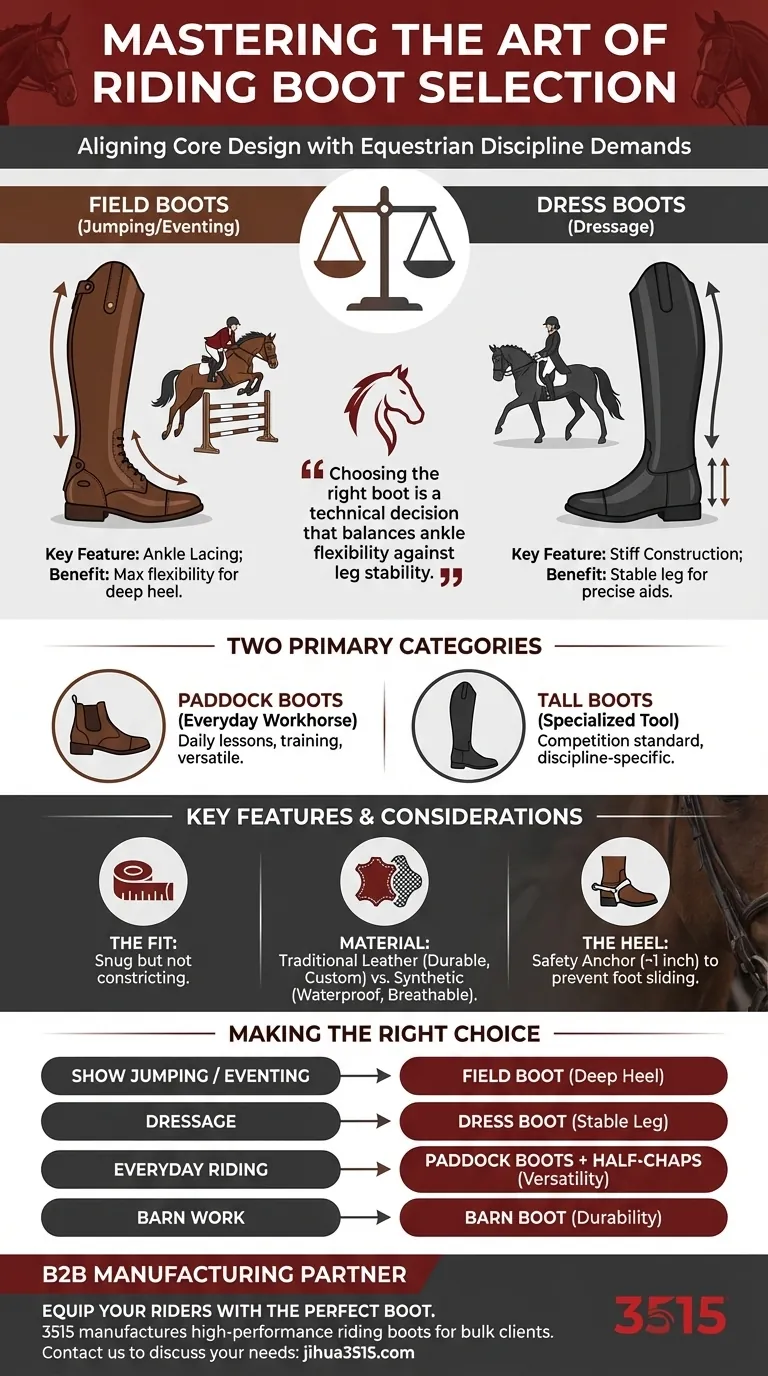 Quels sont les éléments clés à considérer lors du choix de bottes d'équitation pour différentes disciplines équestres ? Adaptez vos bottes à votre style d'équitation Guide Visuel
