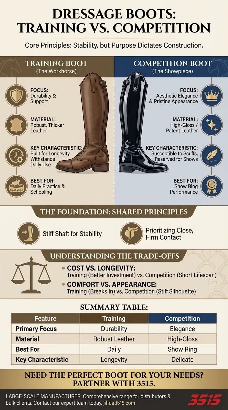 Quelles caractéristiques rendent une botte adaptée à l'entraînement de dressage par rapport à la compétition ? Durabilité vs. Élégance expliquées Guide Visuel