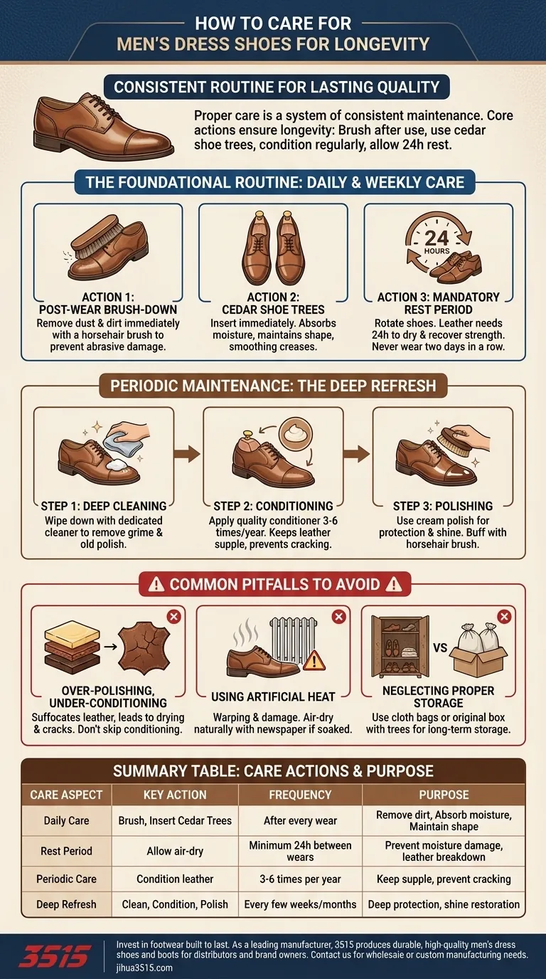 남성 정장 구두의 수명을 연장하려면 어떻게 관리해야 할까요? 사전 예방적 관리 가이드 시각적 가이드