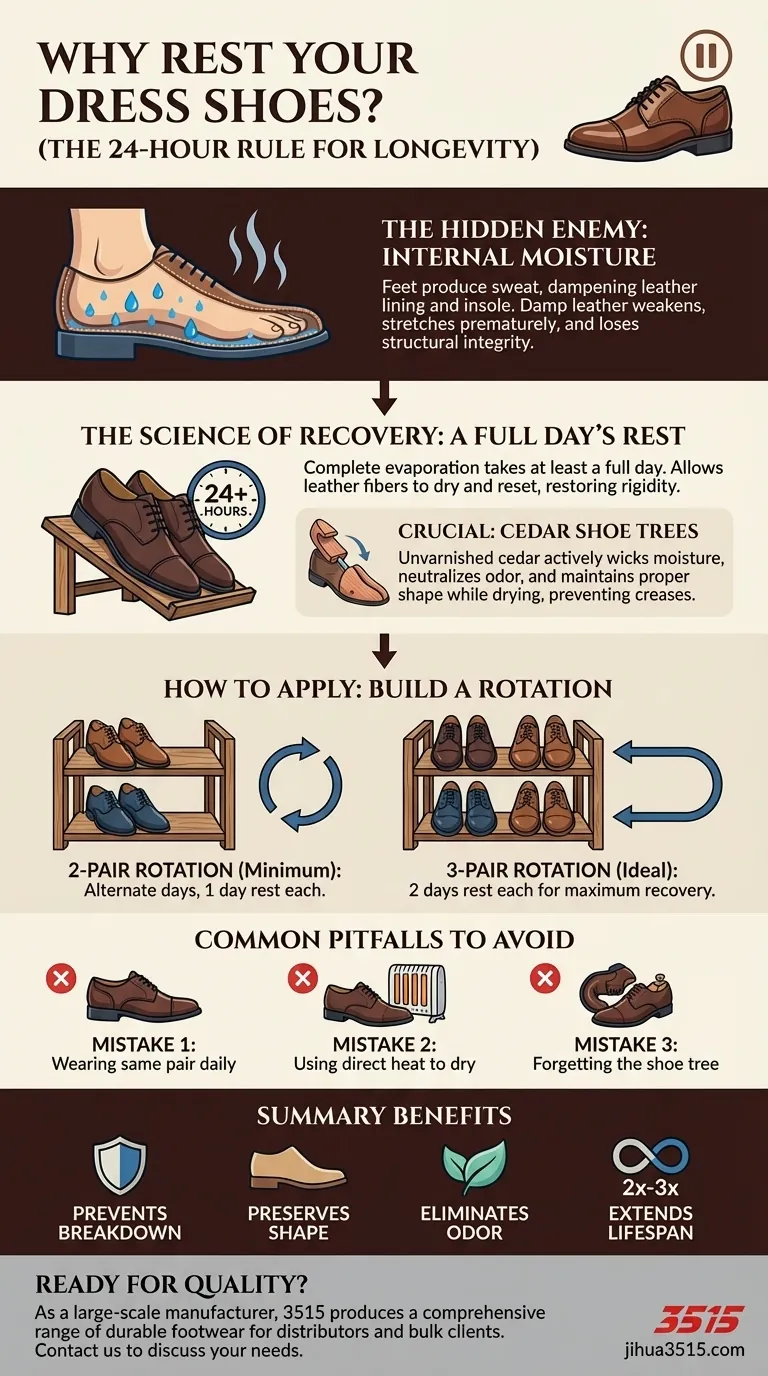 Почему важно давать мужским классическим туфлям отдохнуть между носками? Секрет удвоения их срока службы Визуальное руководство