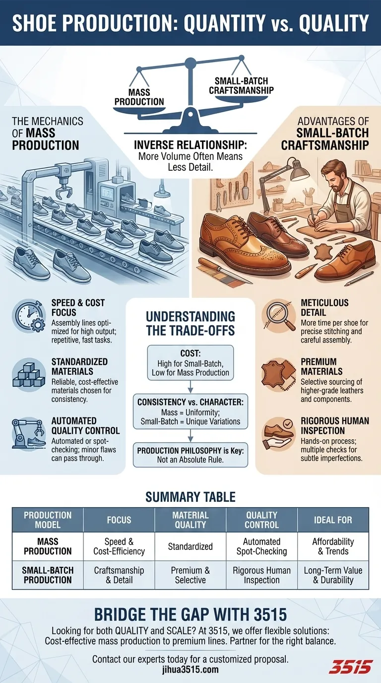 Como a quantidade de produção de sapatos afeta sua qualidade? O compromisso entre escala e artesanato Guia Visual