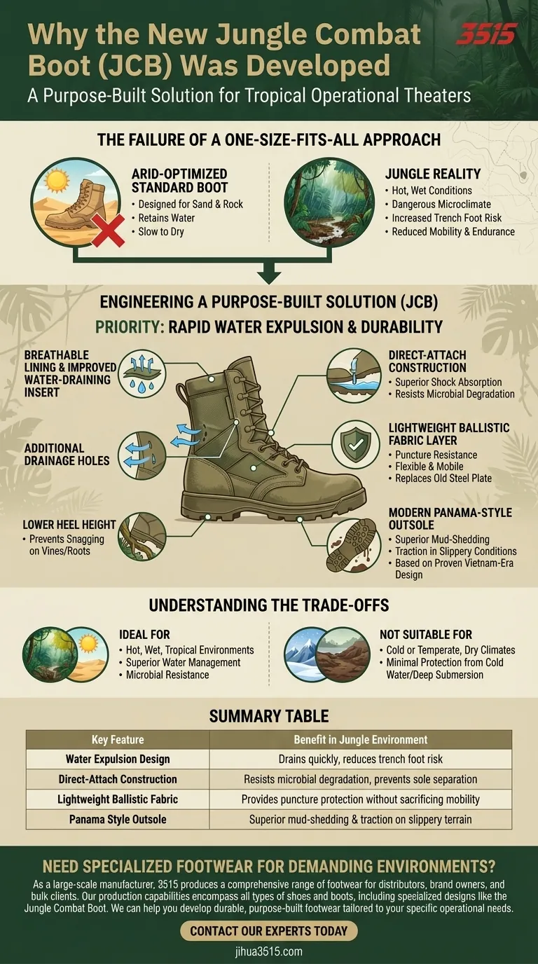 Pourquoi la nouvelle botte de jungle a-t-elle été développée ? Pour des performances supérieures dans des conditions tropicales humides Guide Visuel