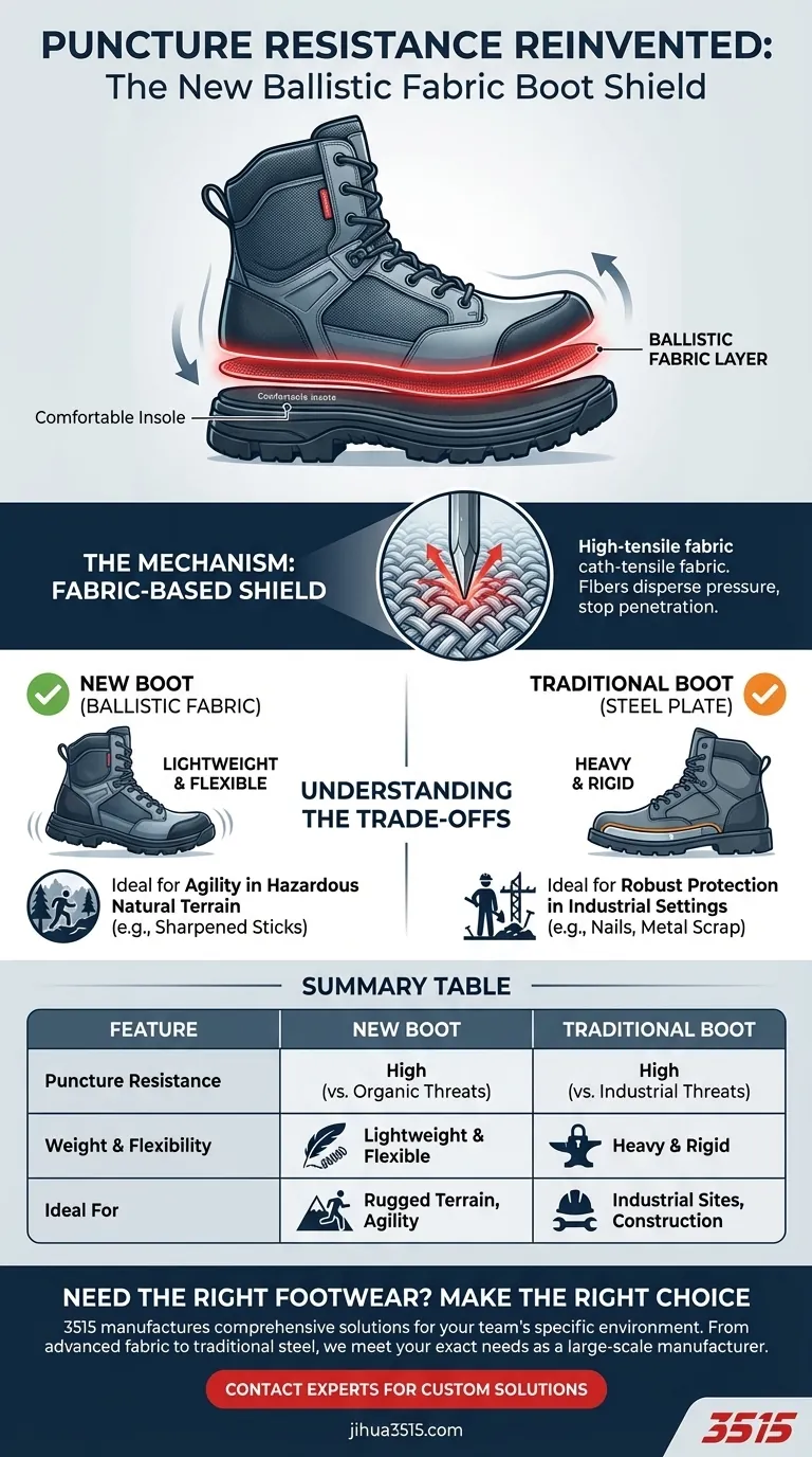 Wie schützt der neue Stiefel vor Durchstichen? Mit einem flexiblen ballistischen Stoffschild Visuelle Anleitung