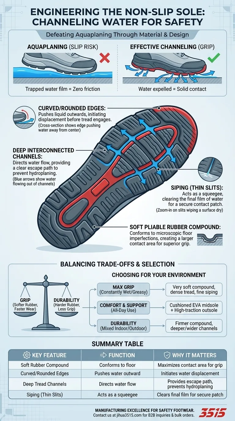 ¿Qué características debe tener la suela de un zapato antideslizante para canalizar el agua de manera efectiva? Domina el Diseño para un Agarre Máximo Guía Visual