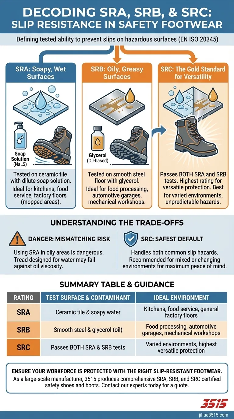 ¿Dónde se utilizan típicamente los zapatos SRA, SRB y SRC? Elija el calzado antideslizante adecuado para su lugar de trabajo Guía Visual