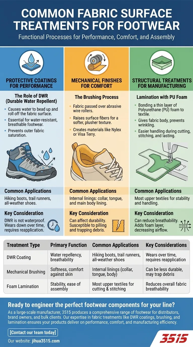 Quels sont les traitements de surface courants pour les tissus de chaussures ? Procédés essentiels pour la performance et le confort Guide Visuel