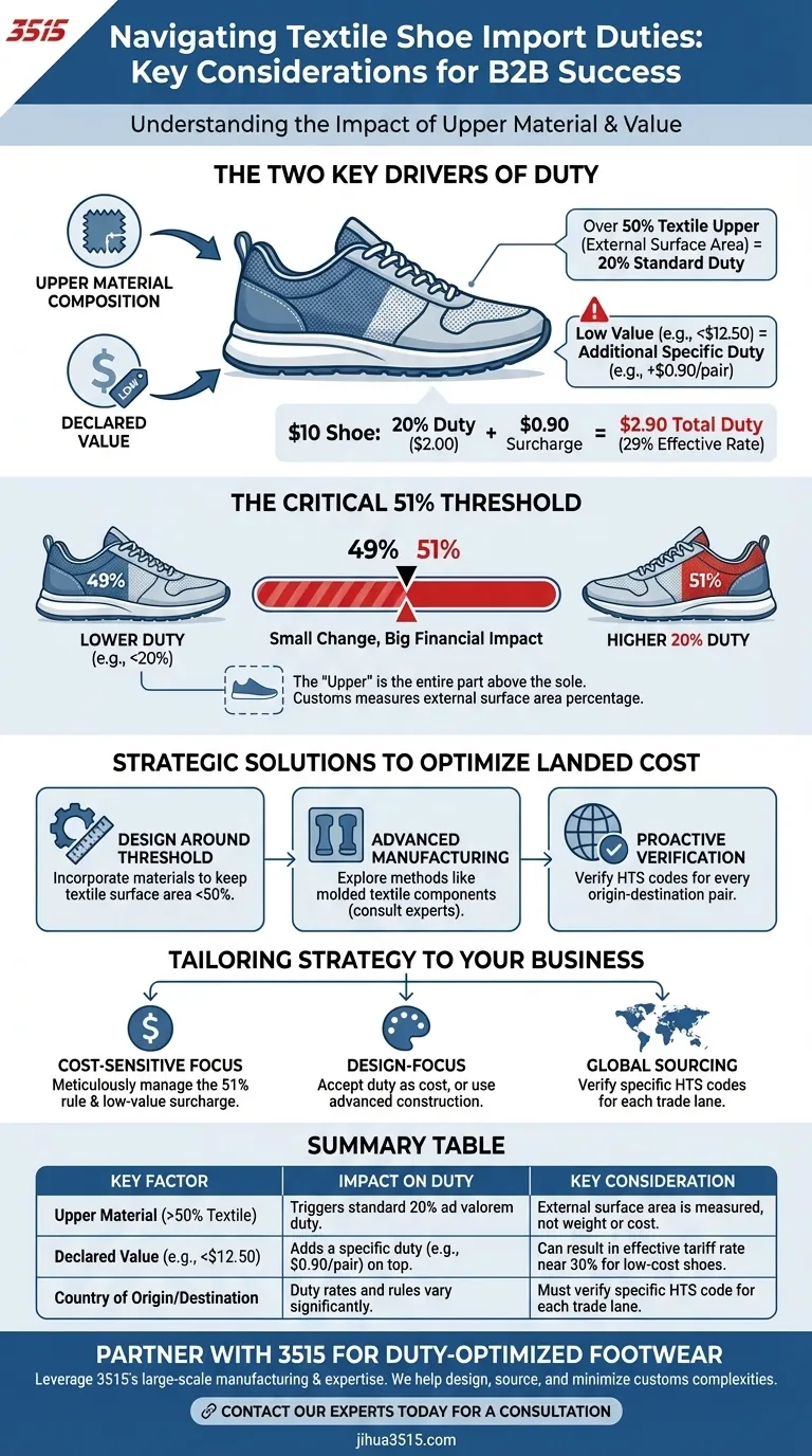 Quelles sont les considérations relatives aux droits de douane à l'importation pour les chaussures en textile ? Un guide pour naviguer entre les tarifs de 20 % et les surtaxes coûteuses Guide Visuel