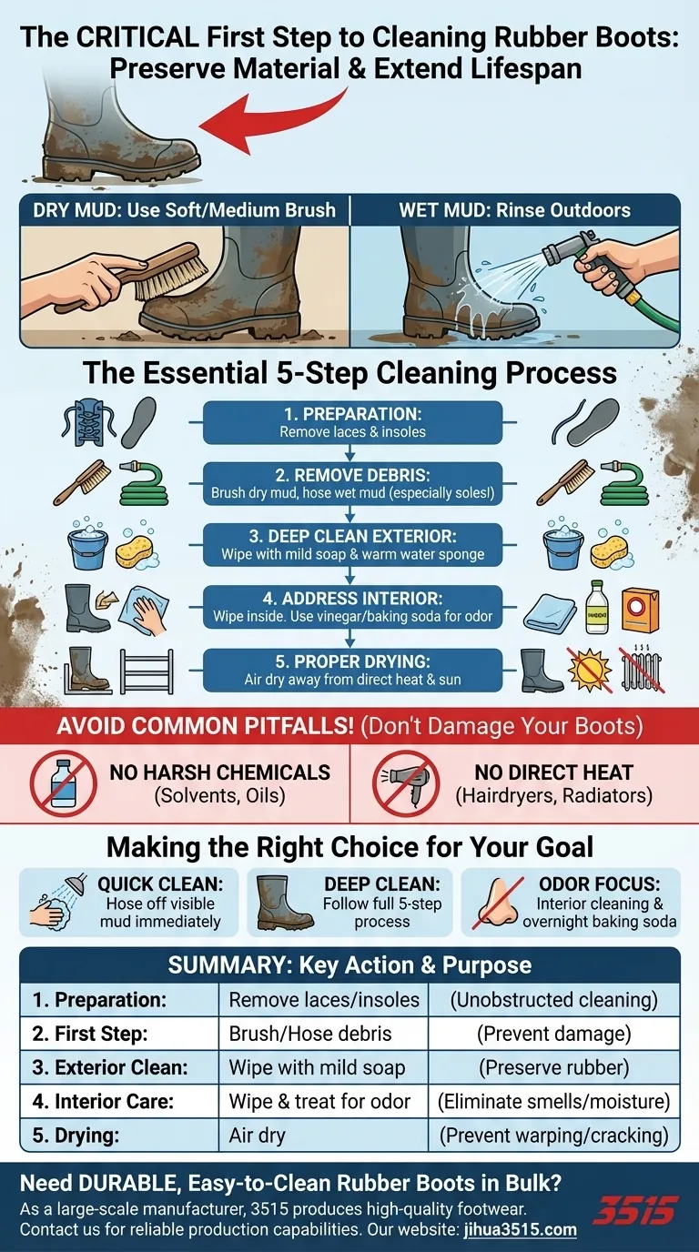 Quelle est la première étape pour nettoyer des bottes en caoutchouc ? Commencez par enlever les débris pour plus de longévité Guide Visuel