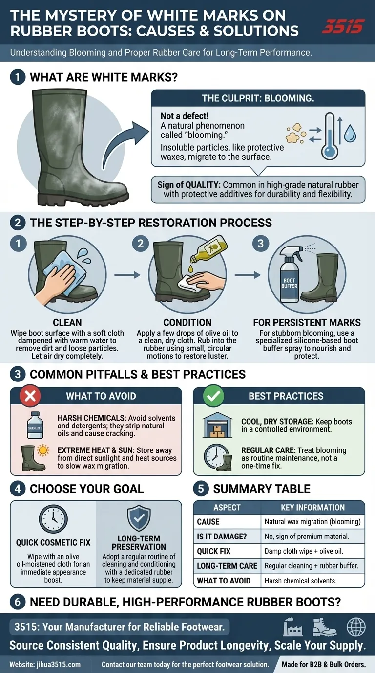 고무 장화에 흰색 자국이 생기는 원인은 무엇이며, 어떻게 제거할 수 있나요? '블루밍' 및 장화 관리 가이드 시각적 가이드