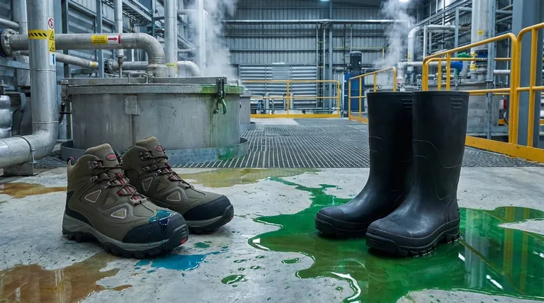 В чем разница между химической стойкостью и химической непроницаемостью в рабочей обуви? Выберите правильную защиту
