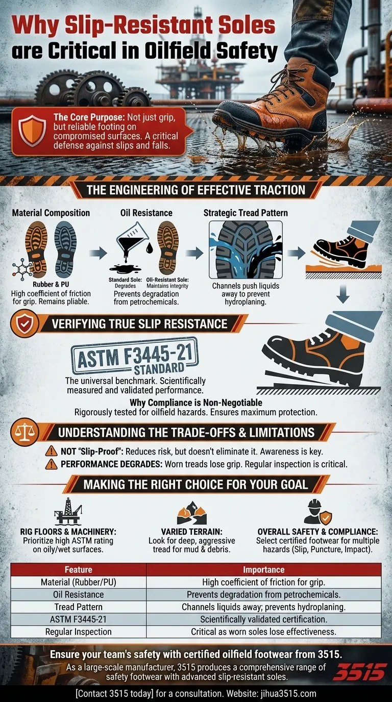 Perché le suole antiscivolo sono importanti nelle scarpe antinfortunistiche per giacimenti petroliferi? Trazione essenziale per prevenire le cadute Guida Visiva
