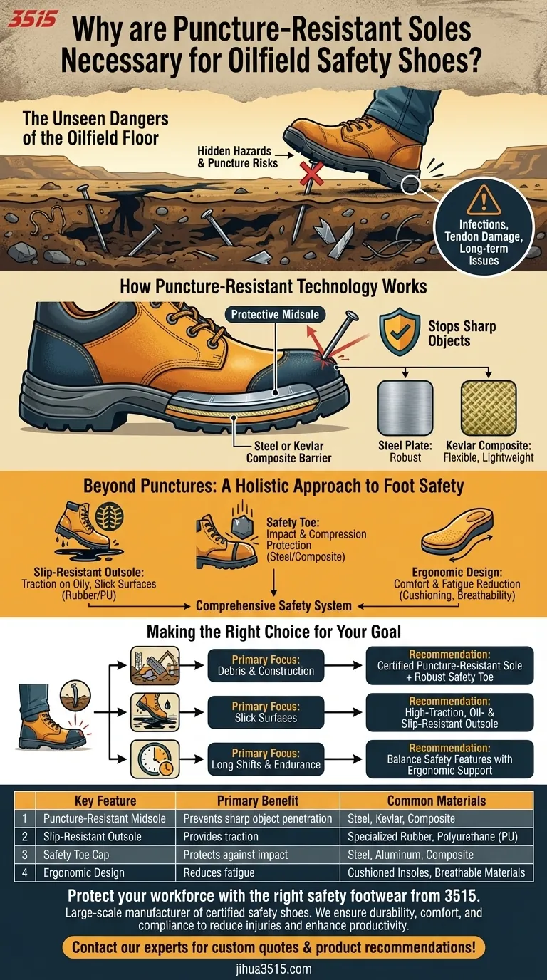 Pourquoi les semelles anti-perforation sont-elles nécessaires pour les chaussures de sécurité des champs pétrolifères ? Prévenir les blessures graves aux pieds au travail Guide Visuel