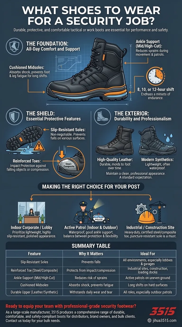 보안 업무에 어떤 신발을 신어야 할까요? 긴 근무 시간 동안 편안하고 보호 기능이 있는 신발 시각적 가이드