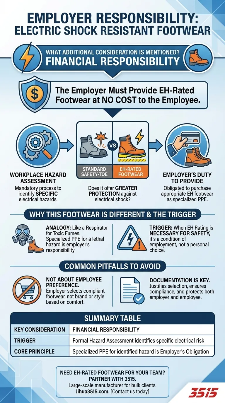 Qual è la considerazione aggiuntiva menzionata se le calzature protettive sono resistenti agli shock elettrici? Responsabilità finanziaria del datore di lavoro Guida Visiva