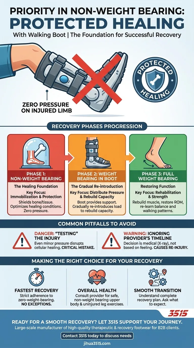 Quelle est la priorité pendant la phase d'absence de mise en charge avec une botte de marche ? Assurer une guérison et une récupération optimales Guide Visuel