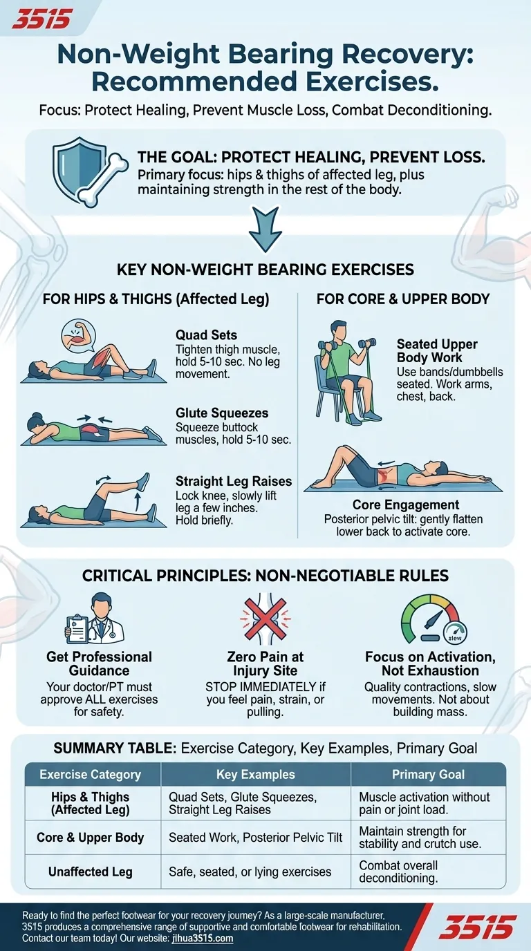 Quel type d'exercices est recommandé pendant la phase d'absence de mise en charge ? Maintenir la force en toute sécurité pendant la guérison Guide Visuel