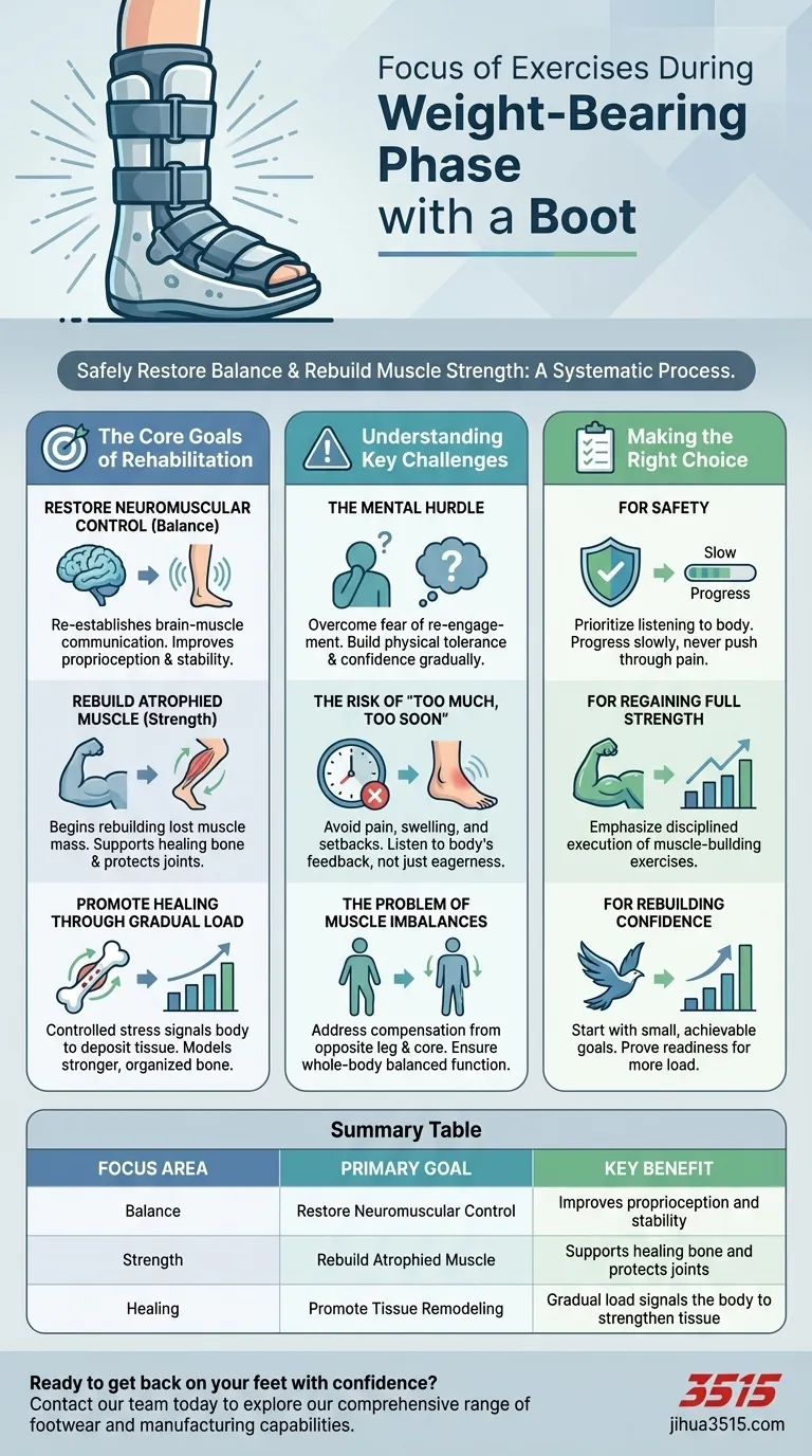 Quel est l'objectif des exercices pendant la phase de mise en charge avec la botte ? Reconstruire la force et l'équilibre en toute sécurité Guide Visuel