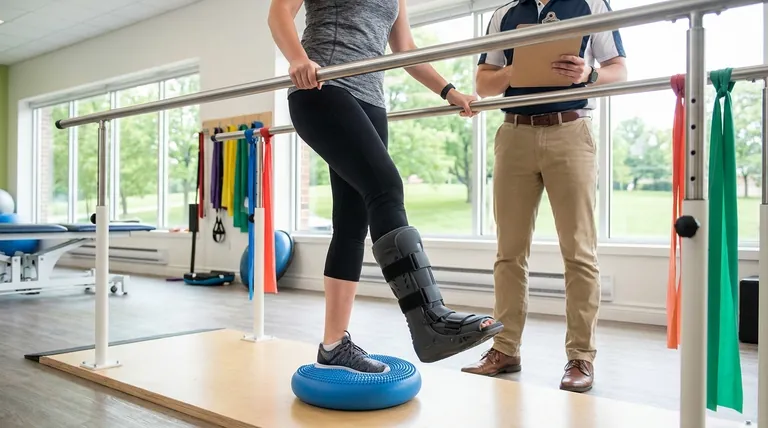 Quel est l'objectif des exercices pendant la phase de mise en charge avec la botte ? Reconstruire la force et l'équilibre en toute sécurité