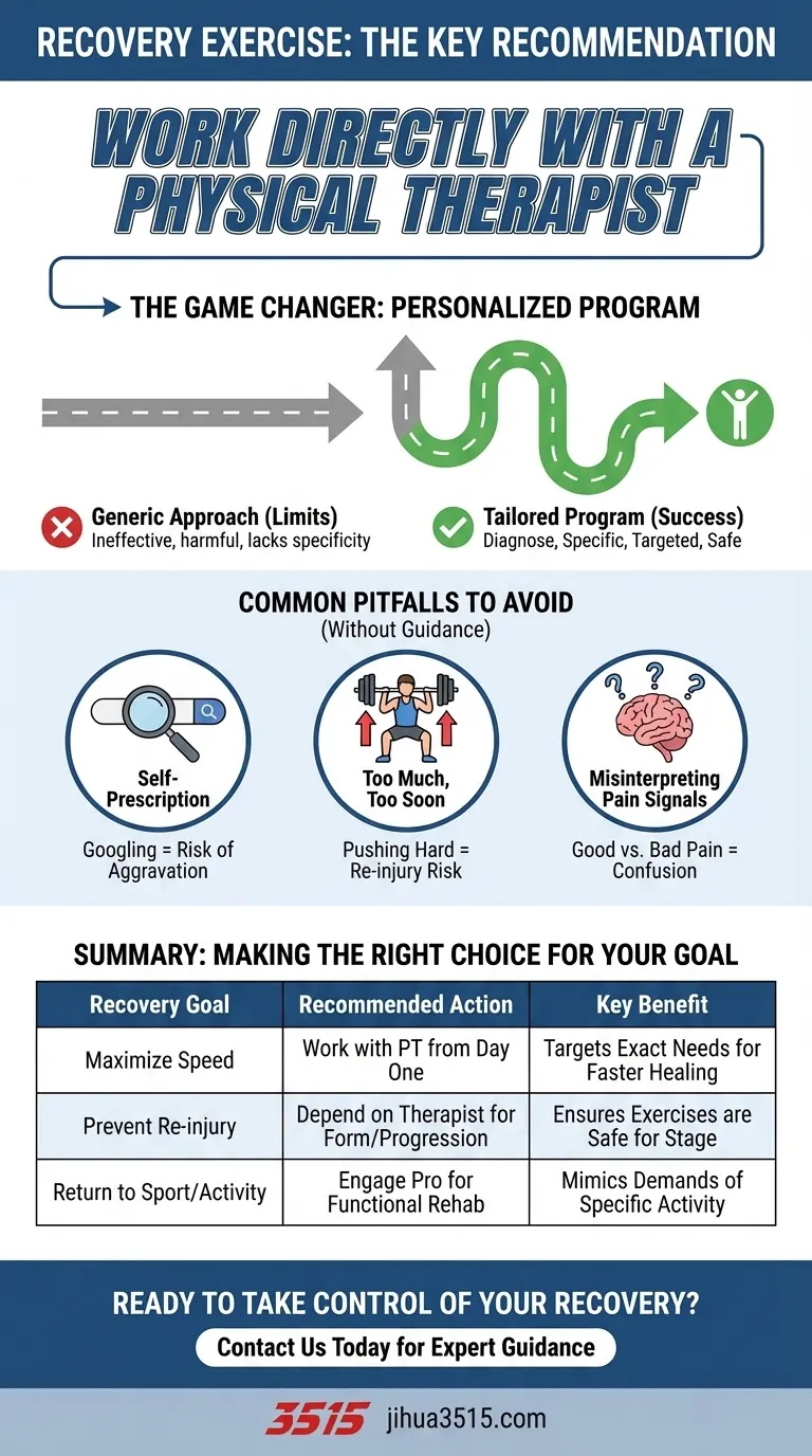 Quelle recommandation supplémentaire est donnée concernant les programmes d'exercices pendant la convalescence ? Travailler avec un physiothérapeute Guide Visuel