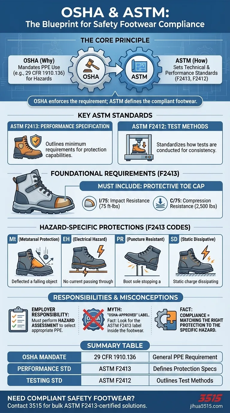 OSHA는 안전 신발에 대해 어떤 표준을 참조합니까? ASTM F2413을 완전히 준수하십시오. 시각적 가이드