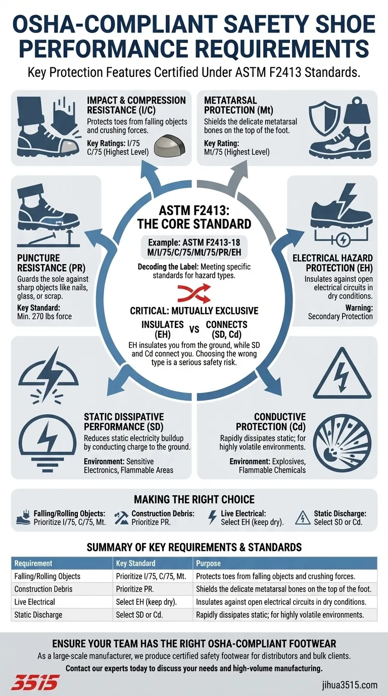 OSHA準拠の安全靴に必要な主要な性能要件は何ですか？チームに適切な保護を選びましょう ビジュアルガイド