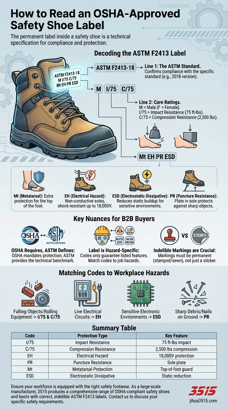 ¿Cómo se etiquetan los zapatos de seguridad aprobados por OSHA? Decodificando las marcas para la seguridad en el lugar de trabajo Guía Visual