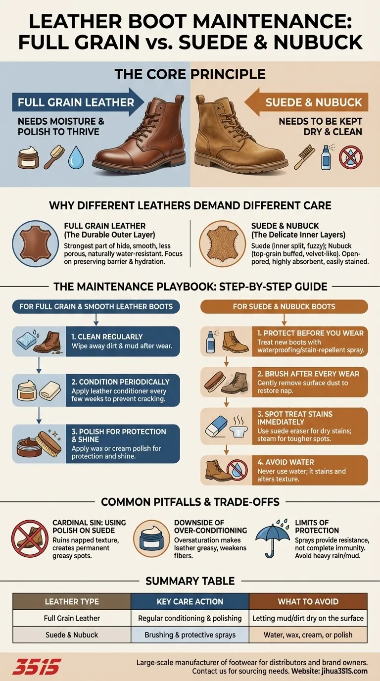 Comment entretenir les bottes en cuir pleine fleur, en daim et en nubuck ? Protégez votre investissement grâce à un entretien approprié Guide Visuel