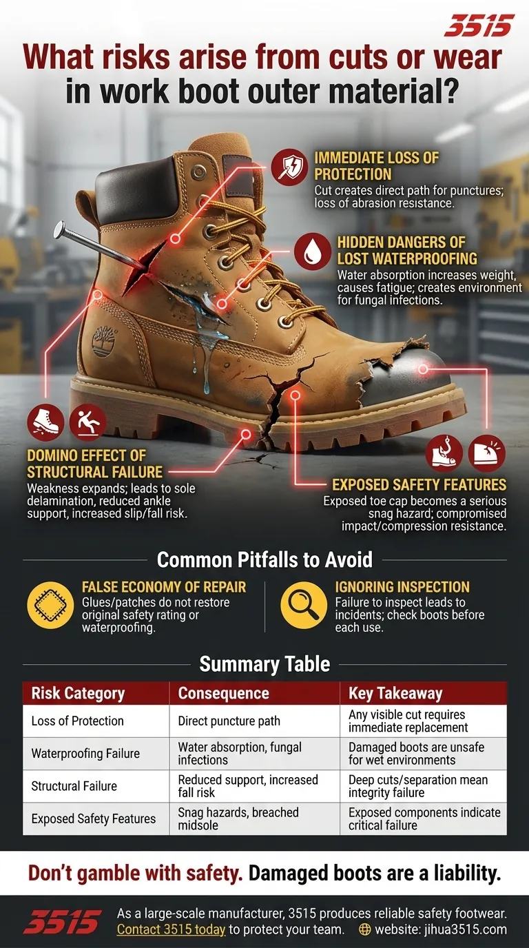 ما هي المخاطر الناجمة عن القطع أو التآكل في المادة الخارجية لأحذية العمل؟ انهيار السلامة الحرج دليل مرئي