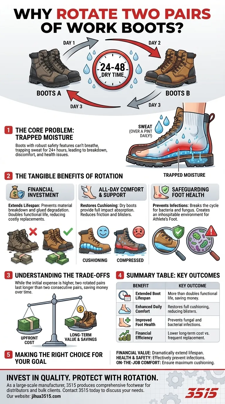 Why is rotating two pairs of work boots recommended? Double Boot Life & Boost Foot Health Visual Guide