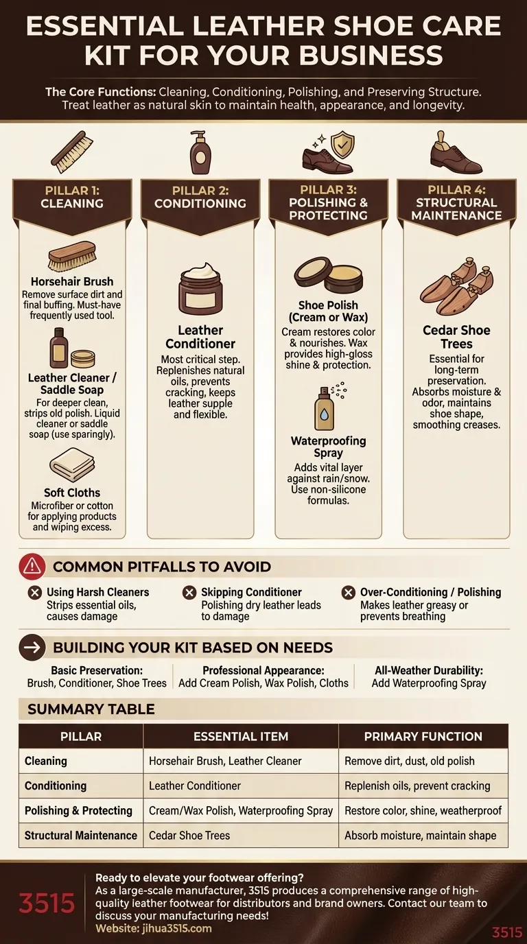 Quels articles essentiels doivent être inclus dans un kit d'entretien pour chaussures en cuir ? Construisez votre kit complet pour des chaussures durables Guide Visuel
