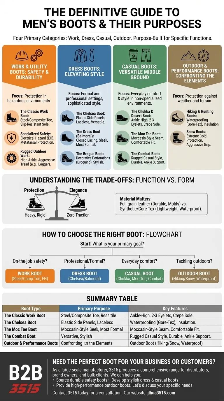 ما هي الأنواع الرئيسية لأحذية الرجال وأغراضها الأساسية؟ دليل لأحذية العمل والأحذية الرسمية والأحذية الكاجوال والأحذية الخارجية دليل مرئي