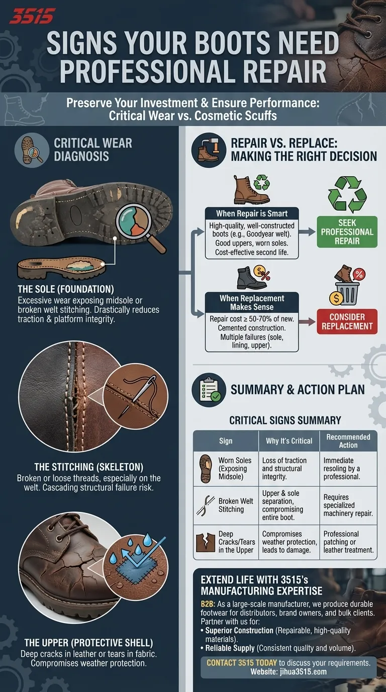 Quels signes indiquent que des bottes nécessitent des réparations professionnelles ? Préservez votre investissement grâce à des soins experts Guide Visuel