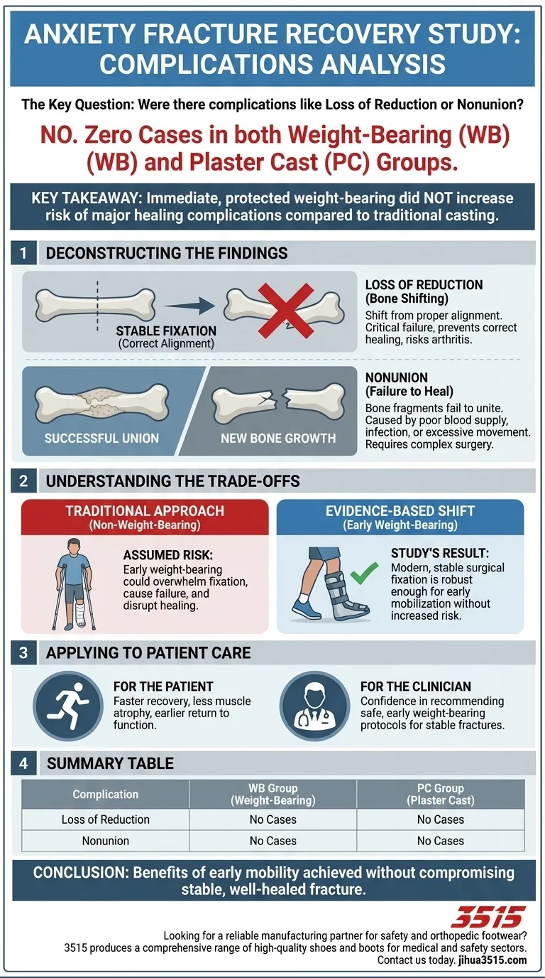 Y a-t-il eu des complications telles qu'une perte de réduction ou une pseudarthrose dans l'étude ? Une conclusion positive pour la mise en charge précoce Guide Visuel