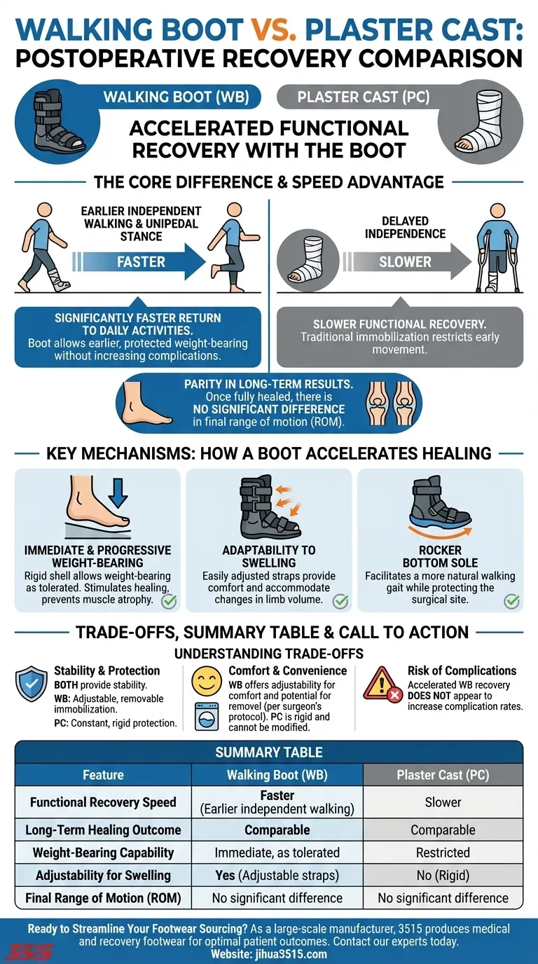 Comment la botte de marche (BM) se compare-t-elle à un plâtre (P) en termes de récupération postopératoire ? Obtenir un retour plus rapide aux activités quotidiennes Guide Visuel