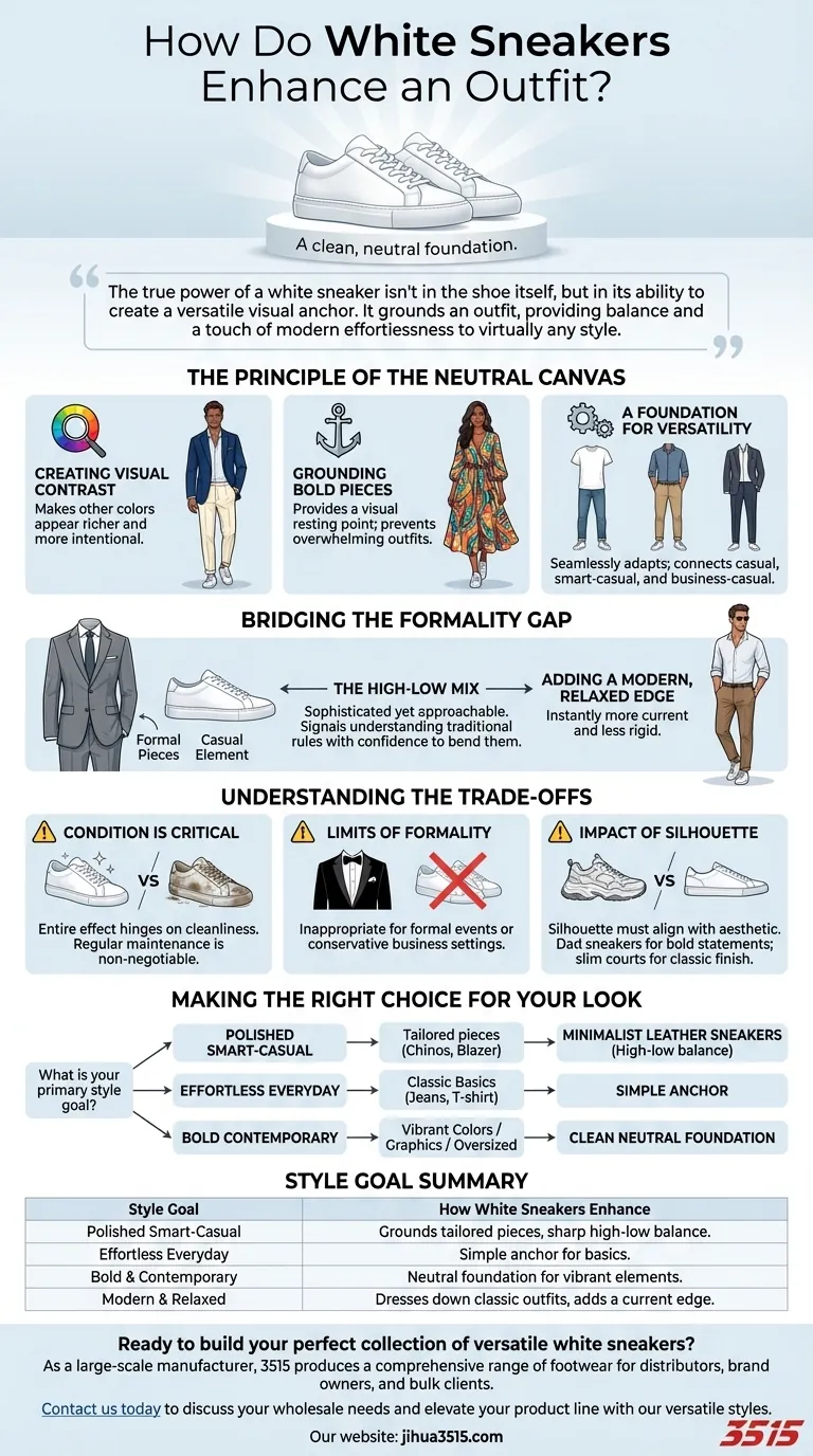 Comment les baskets blanches rehaussent-elles une tenue ? Maîtrisez le style polyvalent avec une base épurée Guide Visuel