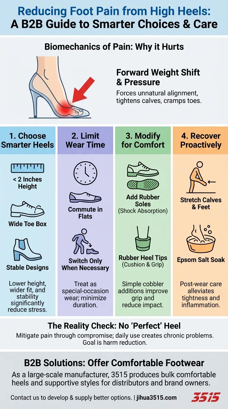 Quels sont quelques conseils pour réduire la douleur aux pieds causée par les talons hauts ? Portez-les confortablement et protégez vos pieds Guide Visuel