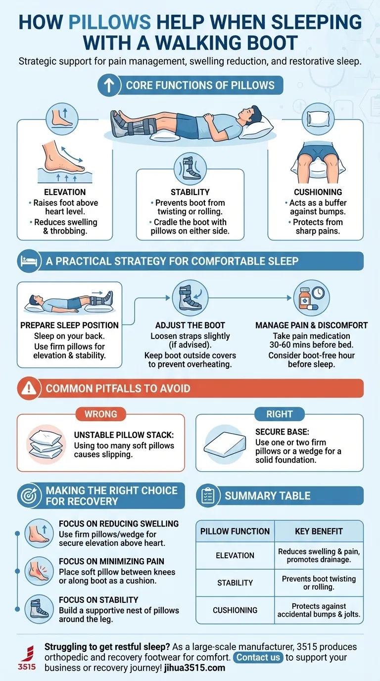 Comment les oreillers peuvent-ils aider à dormir avec une botte de marche ? Surélever, Stabiliser et Amortir pour un Meilleur Sommeil Guide Visuel