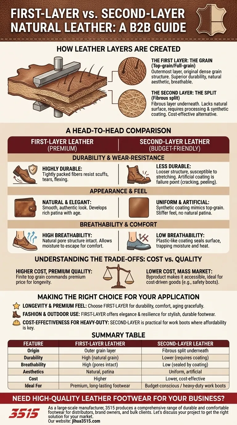 Quelle est la différence entre le cuir de première couche et le cuir de deuxième couche ? Choisissez le bon matériau pour vos chaussures Guide Visuel