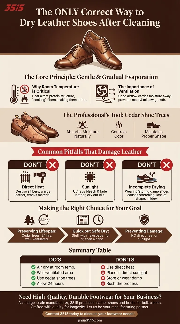 가죽 신발을 세척한 후 어떻게 말려야 할까요? 신발을 보존하기 위해 흔히 저지르는 실수를 피하세요. 시각적 가이드