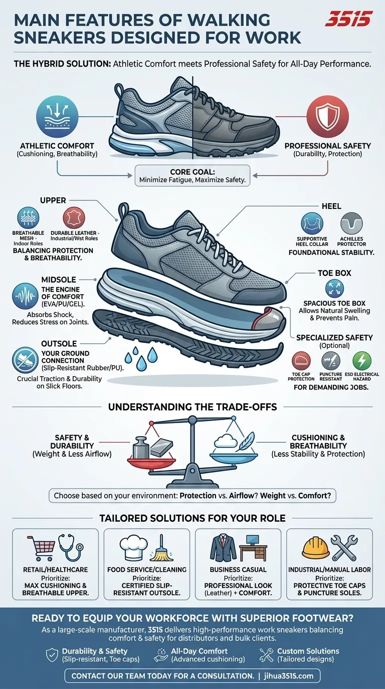Quelles sont les principales caractéristiques des baskets de marche conçues pour le travail ? Confort essentiel et sécurité pour un port toute la journée Guide Visuel