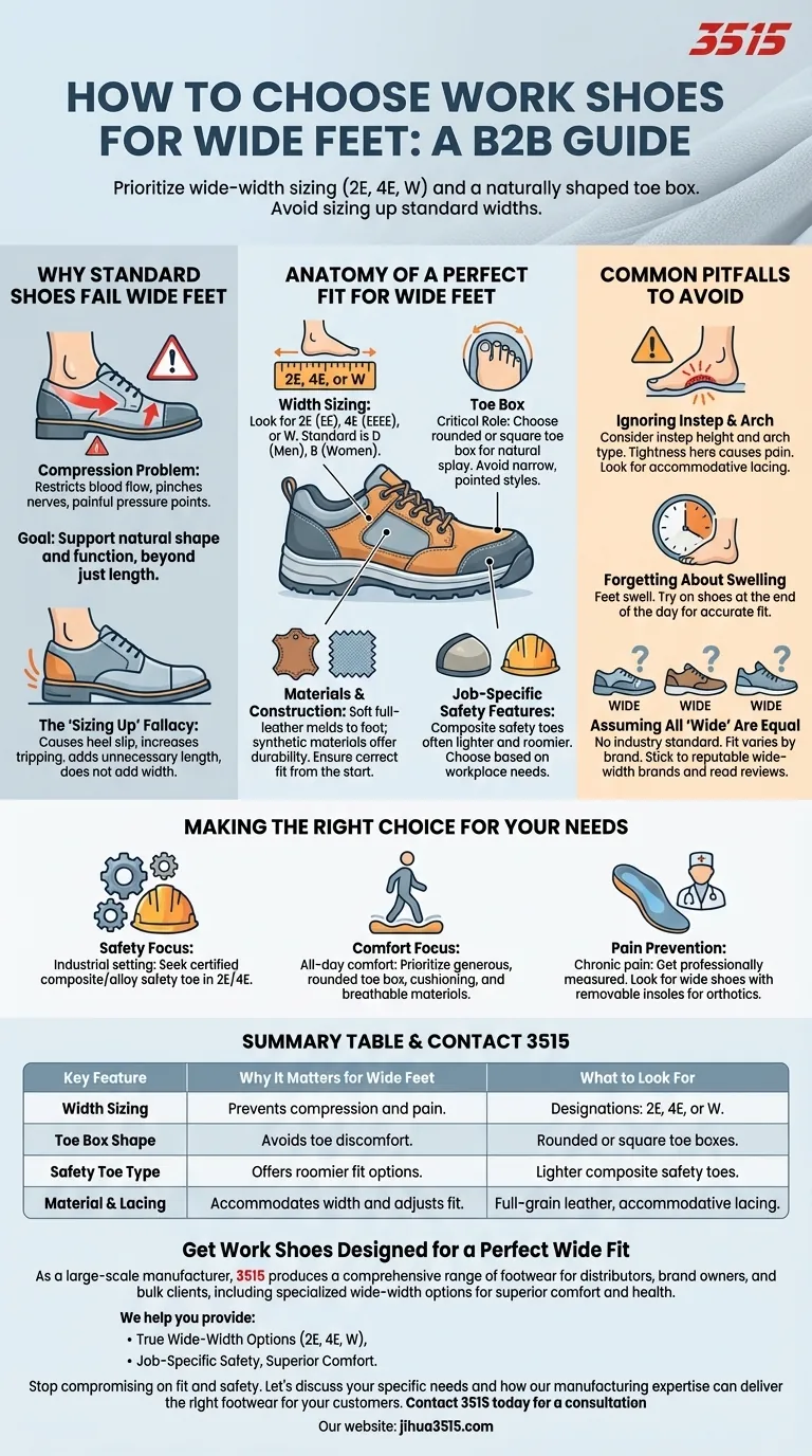 Comment les personnes ayant les pieds larges doivent-elles choisir leurs chaussures de travail ? Trouvez la coupe parfaite pour le confort et la sécurité. Guide Visuel