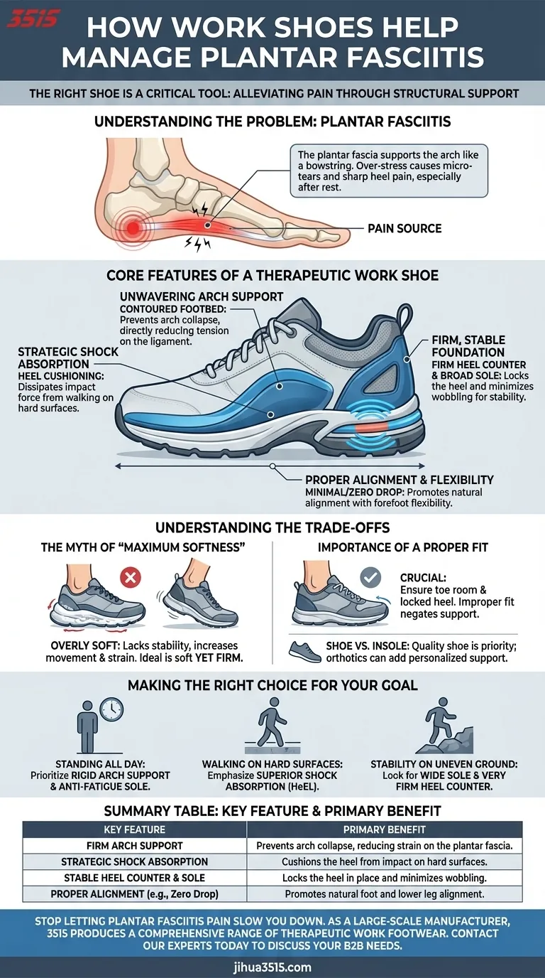 كيف يمكن لأحذية العمل أن تساعد في إدارة التهاب اللفافة الأخمصية؟ تخفيف آلام الكعب وتحسين الراحة اليومية دليل مرئي