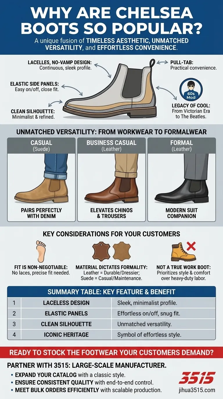 첼시 부츠는 왜 그렇게 인기가 많을까요? 손쉽고 시대를 초월하는 스타일의 비결을 알아보세요. 시각적 가이드