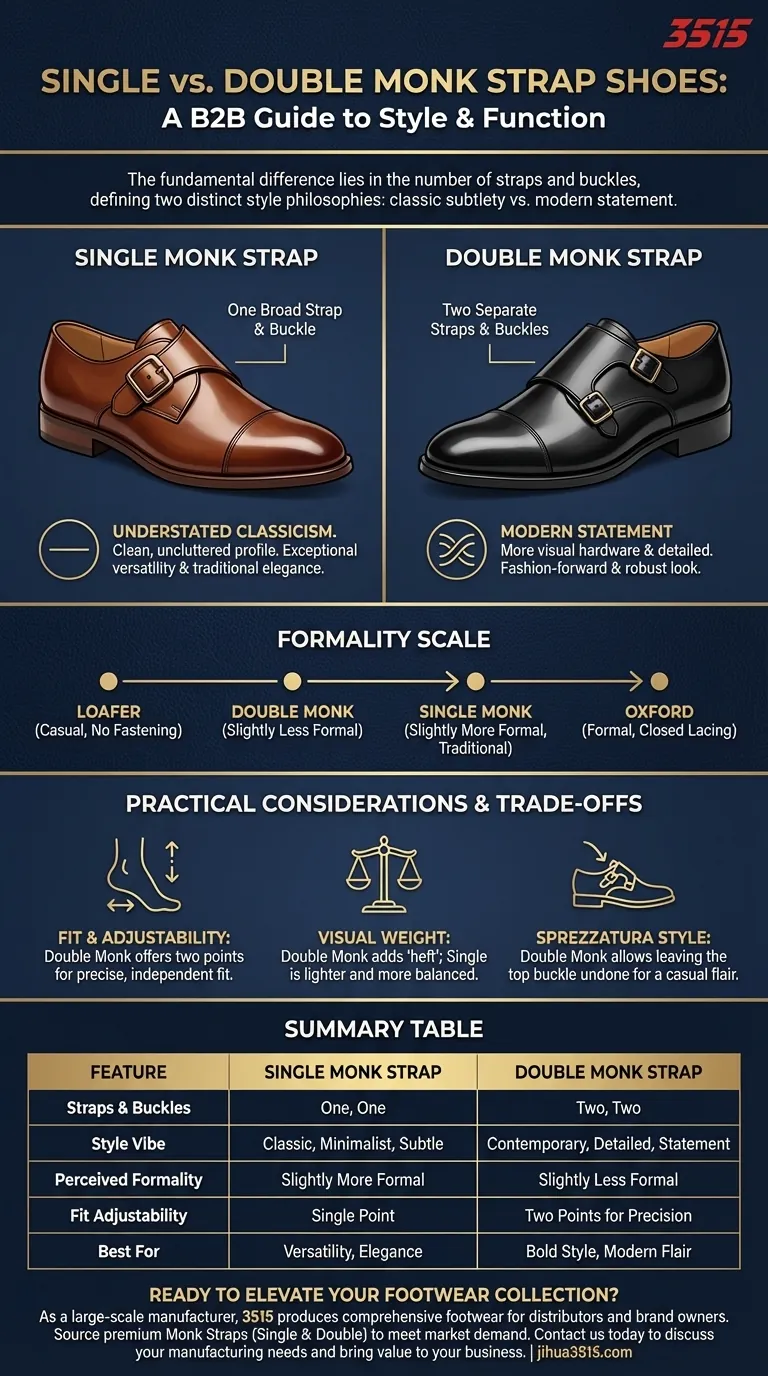 Comment les chaussures à boucle simple (Single Monk Strap) se distinguent-elles des chaussures à double boucle (Double Monk Strap) ? Un guide de style et d'ajustement Guide Visuel
