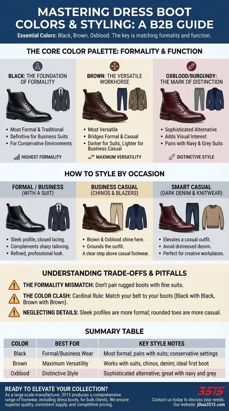 Quelles sont les meilleures couleurs pour les bottes habillées ? Un guide sur le noir, le marron et le bordeaux Guide Visuel