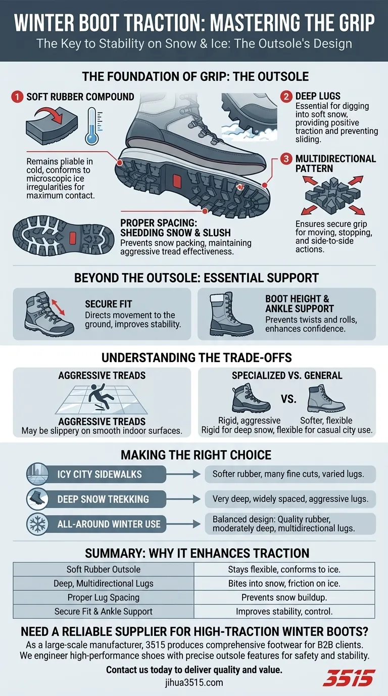 Quelles caractéristiques améliorent l'adhérence des bottes d'hiver ? La clé de l'adhérence réside dans la semelle extérieure. Guide Visuel