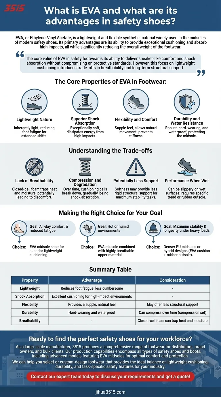 ¿Qué es el EVA y cuáles son sus ventajas en el calzado de seguridad? Amortiguación ligera para comodidad durante todo el día Guía Visual